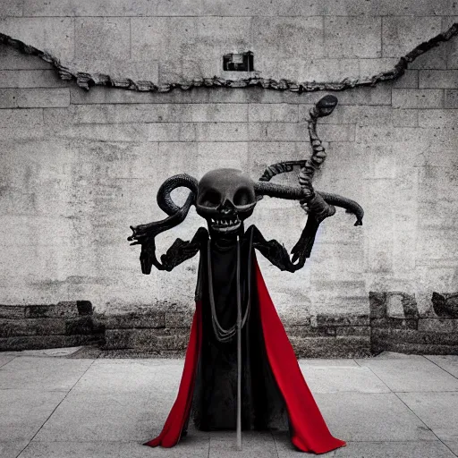 Prompt: monumental, weary 3 d render by nathan wirth. a beautiful street art of a horned, red - eyed, skeleton - like creature, with a long black cape, & a staff with a snake wrapped around it, standing in front of a castle atop a cliff.