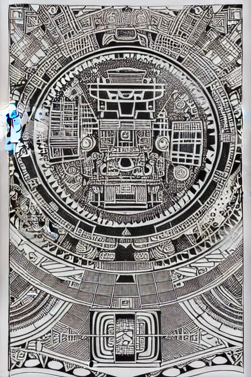 Image similar to a black and white drawing of an ancient future mayan temple mandala cityscape, a detailed mixed media collage by hiroki tsukuda and eduardo paolozzi and moebius, intricate linework, sketchbook psychedelic doodle comic drawing, geometric, street art, polycount, deconstructivism, matte drawing, academic art, constructivism