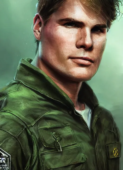 Image similar to portrait of a young richard dean anderson wearing a green combat uniform, in a post apocalyptic city overgrown by plants, by wlop, book cover illustration, concept art, volumetric lighting, volumetric atmosphere, sharp focus, octane render, trending on artstation, 8 k