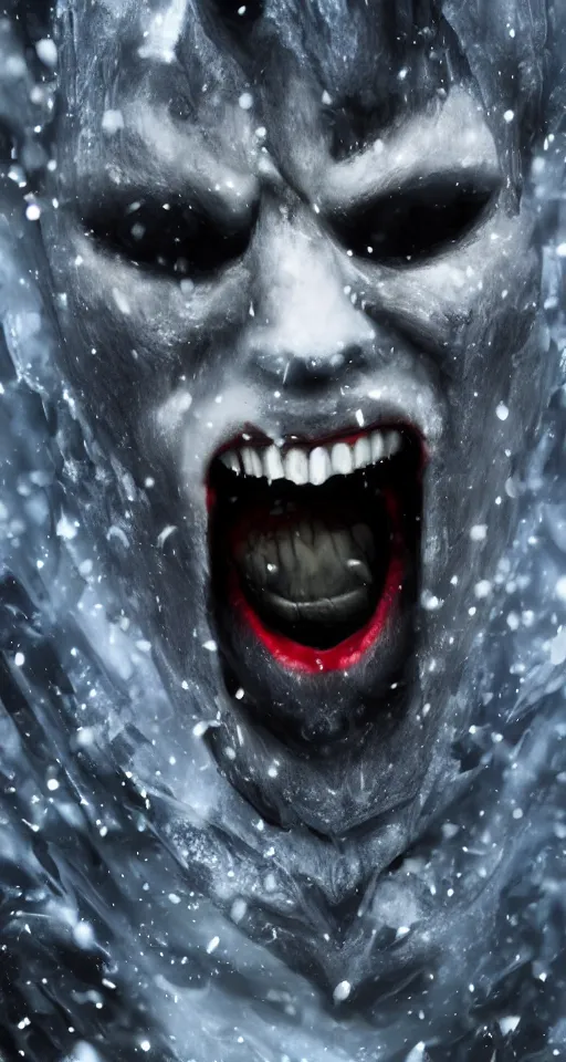 Image similar to up close shot of vampire fangs, winter, dark scenery, dark lighting, cinematic, cold freezing nights, laser lights, crybernetic, top floor boss shit, destroy lonely, black floor, lavish, luxurious, marble walls, cinematic, hyper realism, high detail, octane render, 8 k