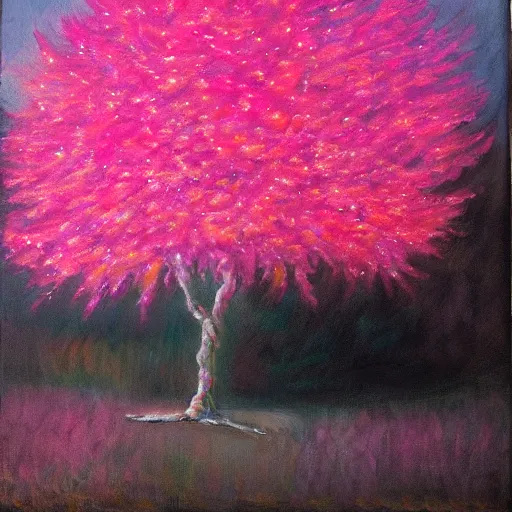 Prompt: pink tree on fire panting