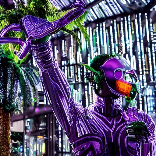 Image similar to conde nast traveler photo, inside a futuristic detailed alien jungle made out of shiny reflective chrome, futuristic android with limbs made out of stretchy rubber tubing mixed with shiny colorful giant intricate detailed chrome gauntlets and chest piece and luchador mask, wearing a long purple velvet cape, fog and mist