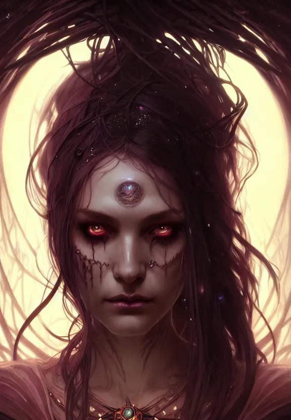 Image similar to Necromancer Sorceress face close-up macro in center, fantasy magic, undercut hairstyle, dark light night, intricate, elegant, sharp focus, illustration, highly detailed, digital painting, concept art, matte, art by WLOP and Artgerm and Greg Rutkowski and Alphonse Mucha, masterpiece