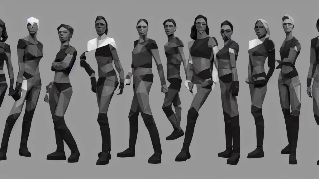 Image similar to all - female crew in a minimalistic, dark ( spaceship ), low poly.