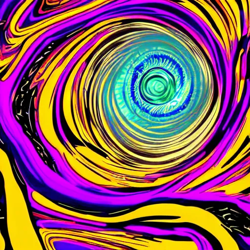 Prompt: a swirling psychedelic image of a black hole, artist's interpretation, poster art, featured artwork, high contrast, abstract, pop, digital art