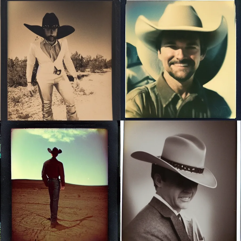 Prompt: a polaroid image taken at the center of the universe of a space traveller with a cowboy hat, detailed, very beautiful