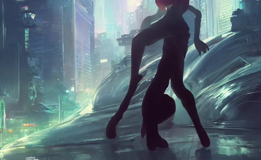 Image similar to beautiful Vietnamese woman, sci-fi fashion, buzz cut hair, scene of a city, dramatic light, wide angle, dramatic pose, dramatic angle , 8k hdr pixiv by Makoto Shinkai and Wojtek Fus