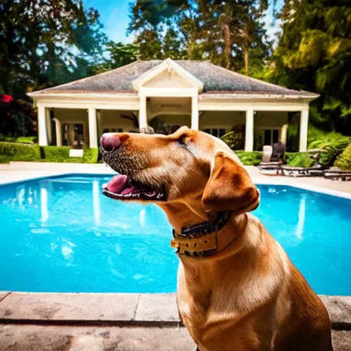 Image similar to a very detailed photo of a dog ( smoking a cigar ) outside the mansion by the pool