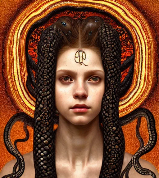 Image similar to portrait of alopecia spanish teen medusa, snakes grow from her head, wearing an embroidered rusty tunic, dark background, intricate, elegant, copper and emerald jewelry, glowing lights, highly detailed, digital painting, artstation, concept art, smooth, sharp focus, illustration, art by wlop, mucha, artgerm, and greg rutkowski