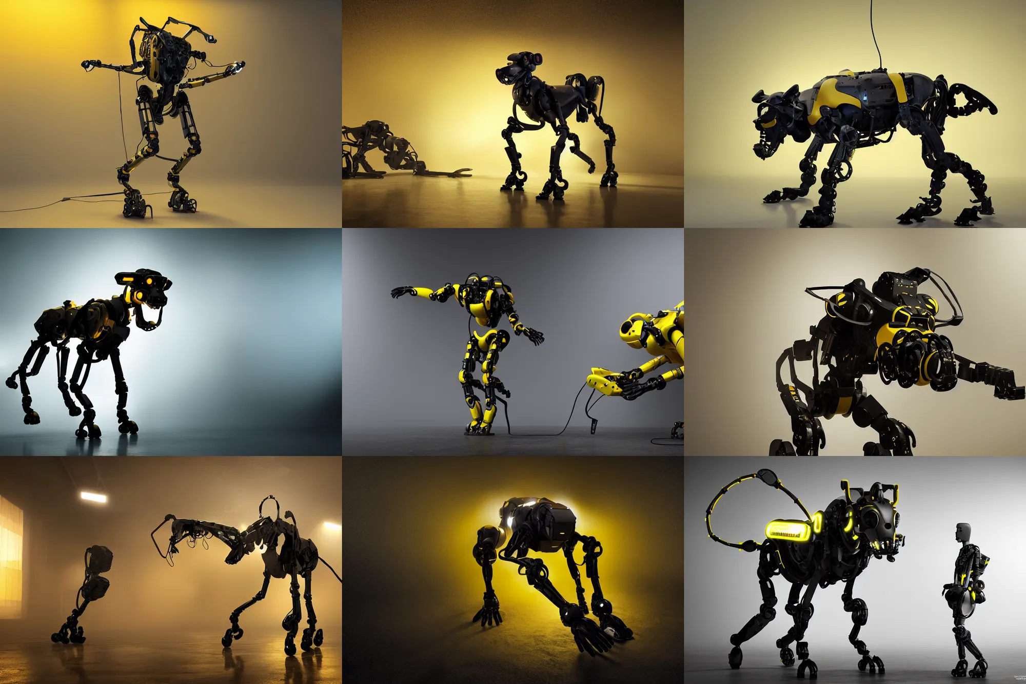 Prompt: promotional image, boston dynamics spot, yellow, hd, 4 k, high resolution, octane renderer, real, foggy, spotlight, studio lighting, black backdrop