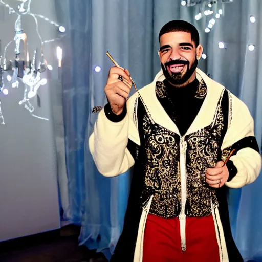 Prompt: drake dressed as a pretty princess with a magic wand