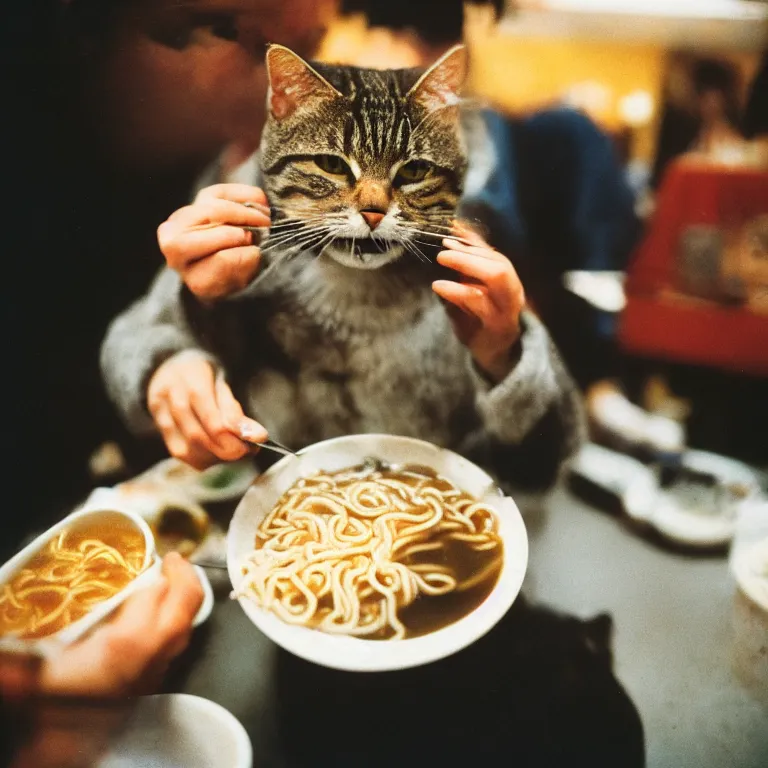 Image similar to photo of a brownish gray tabby cat eating ramen in san francisco, cinestill 8 0 0 t film, cinematic, 4 0 mm f / 2. 8