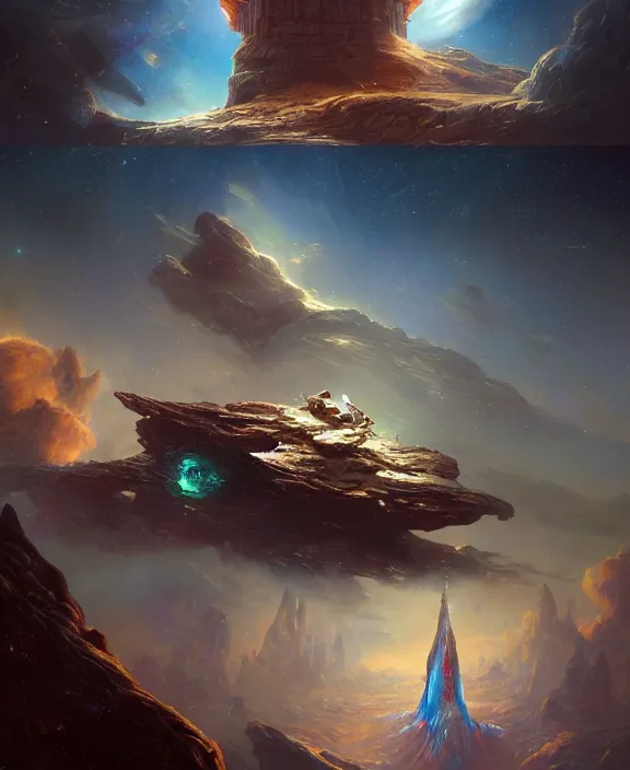 Image similar to wide shot of a starship with a stone devil's tower on its hull, in space near a nebula, sci - fi, intricate, elegant, highly detailed, colorful, vivid color, digital painting, artstation, concept art, art by artgerm and greg rutkowski and alphonse mucha and ruan jia