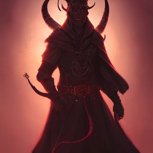 Image similar to A tiefling with red skin and gold eyes, wearing a black cloak, style of Greg Rutkowski, dungeons and dragons character art, artstation