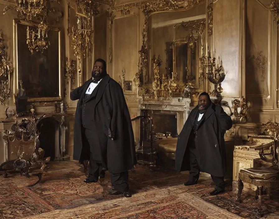 Image similar to a large black man wearing an overcoat and knee-length black boots stands in the living room of a beautiful ornate baroque English mansion, adebanji alade, lawrence alma-tadema, george goodwin kilburne