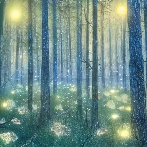 Image similar to bright nordic forest, sparkling spirits, detailed wide shot, crayon, ground detailed, wet eyes reflecting into eyes reflecting into infinity, beautiful lighting