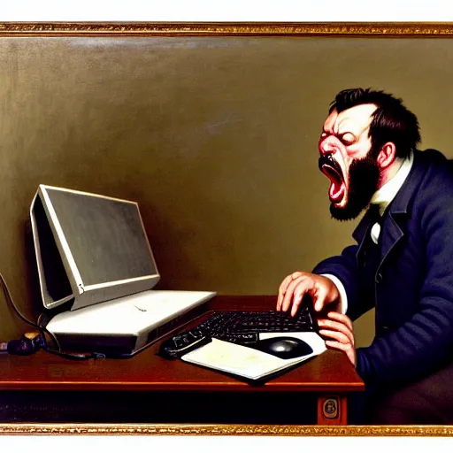 Image similar to an angry man yells at his computer monitor, oil on canvas, 1 8 8 3, highly detailed