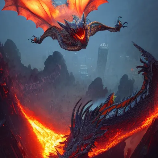 Image similar to horror dragon flying over a city, fire, lava, smoke, ethereal, matte painting, highly detailed, by eddie mendoza and tyler edlin, 8 k resolution