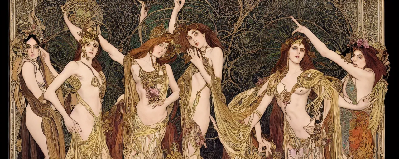 Prompt: stunning exotic art nouveau portrait of the three fates as beautiful mythological heavy metal sisters of the night by chris achilleos, michael kaluta and alphonse mucha, photorealism, extremely hyperdetailed, perfect symmetrical facial features, perfect anatomy, ornate intricate declotage, spikes, confident expression, wry smile, eldritch powers, witchcraft