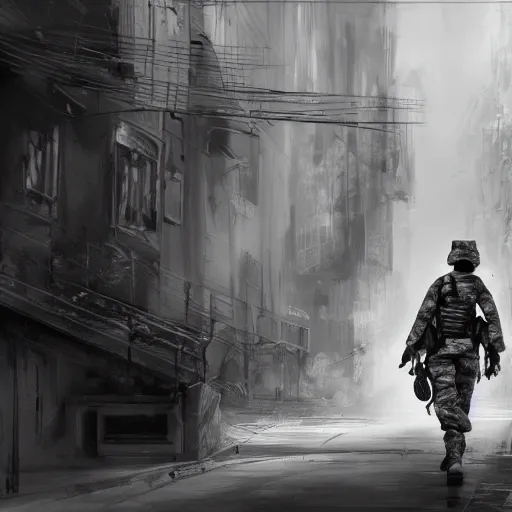 Prompt: black and white female soldier with sniffer dog exploring urban environment, concept art trending on art station 4k award-winning unreal engine