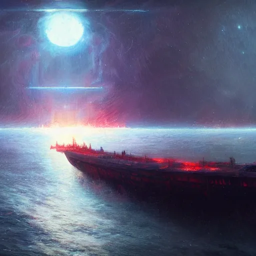 Image similar to UHD photorealistic Cosmic Ghost ship in a radioactive lake of fire, in the style of tonalism by Greg Rutkowski, trending on Artstation, hyperrealistic, correct details