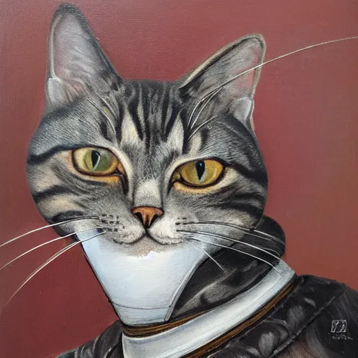 Image similar to anthromorphic grey tabby cat in elizabethan collar clothing detailed oil painting 4k