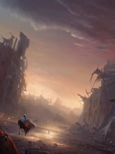 Prompt: the grim reaper, riding a horse trought a destroyed city. the sun starting to rise during the twilight in the background. intricate, elegant, highly detailed, digital painting, artstation, concept art, sharp focus, illustration, by justin gerard and artgerm, 8 k