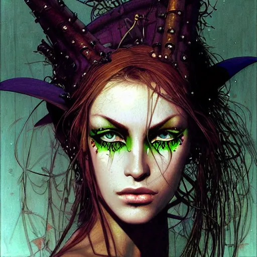 Prompt: an award finning closeup facial portrait by angus mcbride, luis royo and john howe of a very beautiful and attractive female bohemian cyberpunk traveller of 1 9 years of age with green eyes and her face full of freckles, clothed in excessively fashionable haute couture musicians gear and wearing vibrant and ornate half - face makeup