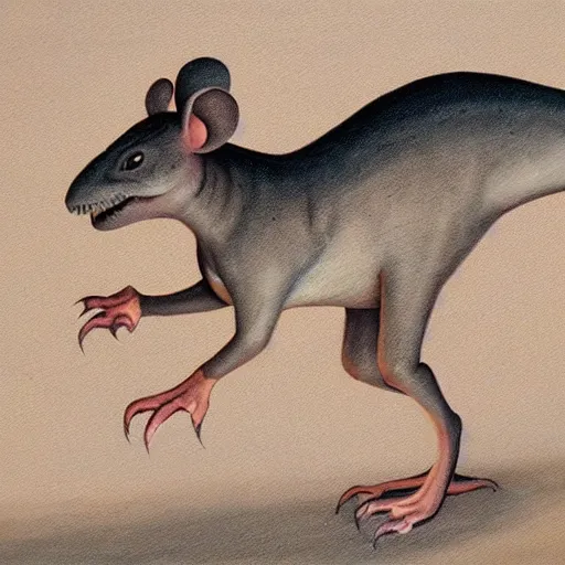 Prompt: dinosaur mouse, epic pose, old painting