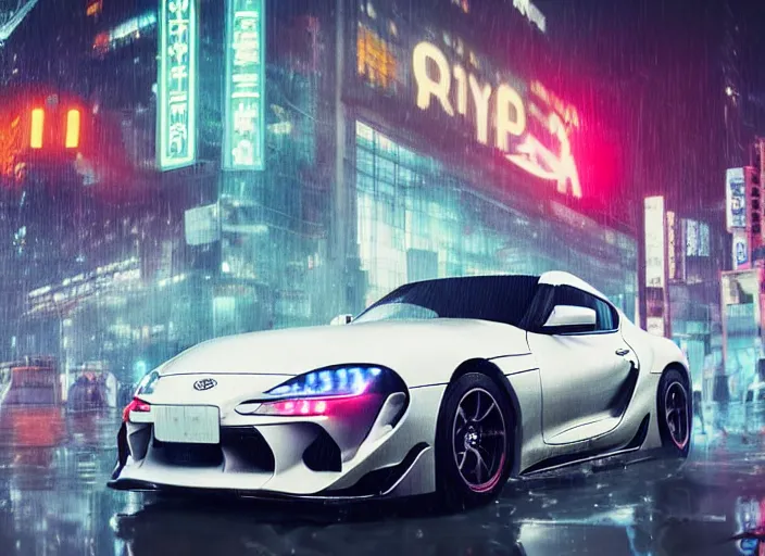 Image similar to symmetry!! close up macro shot of a toyota supra car on wet tokyo street at night, intricate, hyper detailed, smooth, high contrast, neon, volumetric lighting, octane, moebius, greg rutkowski, blade runner, ripley scott, cindmatic