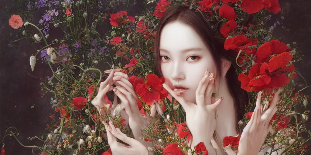 Image similar to breathtaking detailed concept art painting of the goddess of poppy flower, orthodox saint, with anxious, piercing eyes, ornate background, amalgamation of leaves and flowers, by hsiao - ron cheng and john james audubon and miho hirano, extremely moody lighting, 8 k