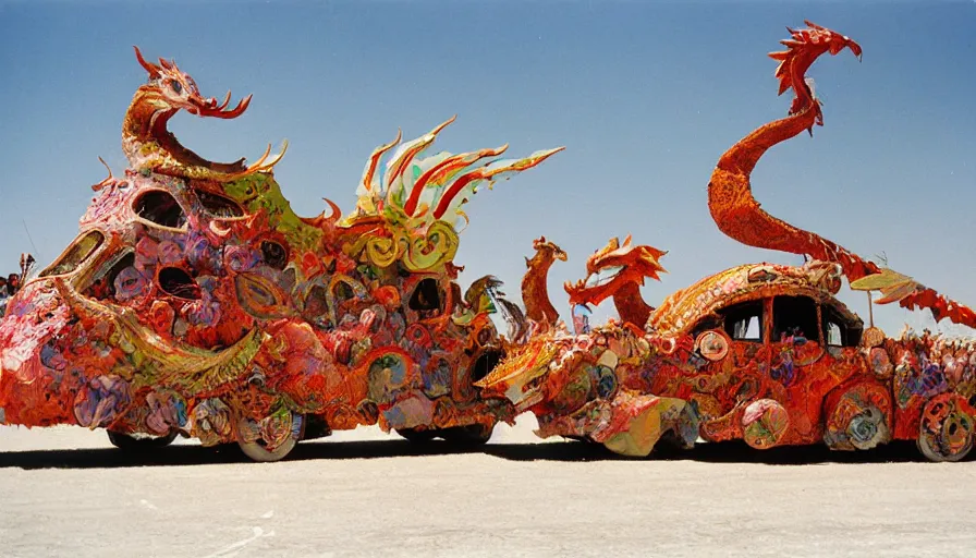 Image similar to papier-mâché art cars of Burning Man looking like dragons and fish, Kodachrome, photorealistic,