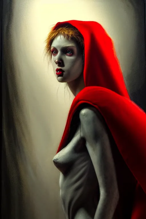 Image similar to hyperrealistic mixed media painting of beautiful Red Riding Hood, pale skin, full body, nervous expression, shadowy wolf figure looming overhead in background, stunning 3d render inspired art by P. Craig Russell and Barry Windsor-Smith + perfect facial symmetry + dim volumetric lighting, 8k octane beautifully detailed render, post-processing, extremely hyperdetailed, intricate, epic composition, grim yet sparkling atmosphere, cinematic lighting + masterpiece, trending on artstation, very very detailed, masterpiece, stunning