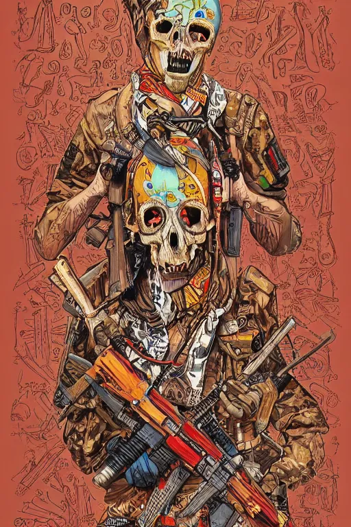 Image similar to taliban anarchy. symmetrical anatomy, very detailed design, complexity of the picture, with pop punk style, colorful, accompanied by body, pure image without duplication, dribble popular, drawn by ilya kushinov and vinicius gud and gustavo zambelli, intricate, ultra high definition, super scale rendered