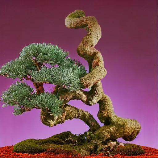 Image similar to A picture of a planet of various flowers, fungus and plants, Bonsai , in which the human figure is dressed in something magical and impressive, inside the picture is infinity, muted light, BotanicalAtmospheric phenomenon, artistic photography, muted colors, conceptual, Kodachrome