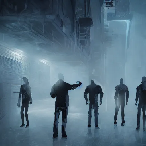 Prompt: illustration of rows of humans hanging on hooks in an ice box, rolling fog, cyberpunk, dystopian, dramatic lighting, unreal engine 5