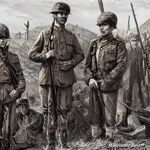 Image similar to a detailed photorealistic sepia - toned photo of a 1 9 1 7 clean - shaven british soldiers standing with bedouin traders, ultra realistic, painted, intricate details, lovecraft, atmospheric, dark, horror, brooding, highly detailed, by clyde caldwell