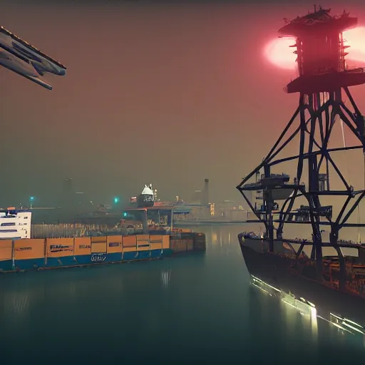 Image similar to an anti-gravity hovering (container vessel) at port in Night City Cyberpunk 2077, muted cyberpunk style, tranquil, desolate, atmospheric, hazy, sweltering, autochrome, 8k, reflections, octane render, unreal engine 5