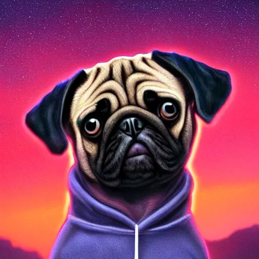 Image similar to a sad pug wearing a hoodie, the word'sad'is written on the hoodie in upper case letter, synthwave style, trending on artstation, matte painting