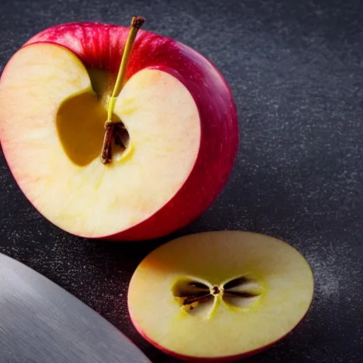 Prompt: the inside of an apple sliced in half is the flesh of an orange, apple orange