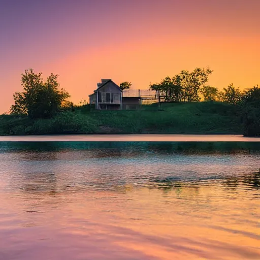 Image similar to a small house by the lake on a beautiful summer night, sunset