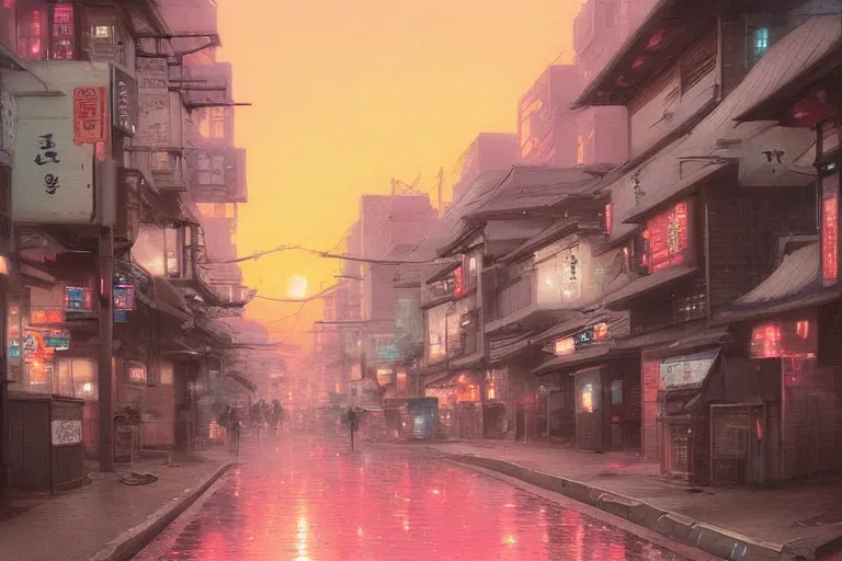 Prompt: A street in Tokyo with pink clouds and sunset in the background, by greg rutkowski and thomas kinkade, in the style of Sailor Moon, Trending on artstation.