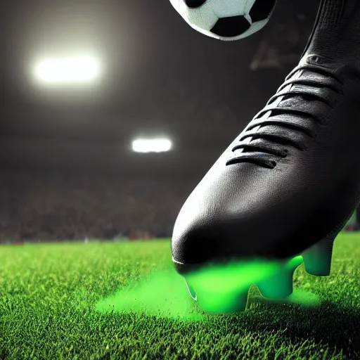 Prompt: a closeup photorealistic photograph of a black soccer boot kicking a green and black soccer ball, fantastic four theme.. bright scene. fine detail. this 4 k hd image is trending on artstation, featured on behance, well - rendered, extra crisp, features intricate detail, epic composition and the style of unreal engine.