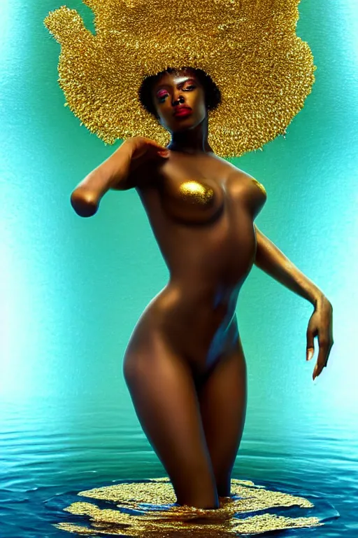 Image similar to hyperrealistic postmodern cinematic very beautiful! black oshun goddess with white! iris, in water, yoruba body paint, mirror dripping droplet!, gold flowers, highly detailed digital art masterpiece, smooth robert steven connett eric zener dramatic teal light, ground angle uhd 8 k, sharp focus