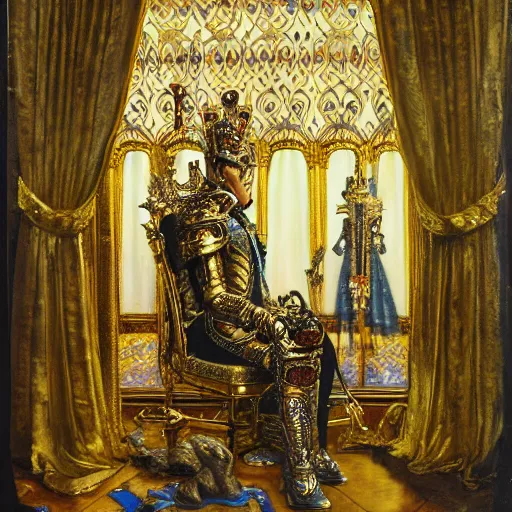 Prompt: a king in a suit of ornate brass armor sitting on a throne in a regal court with a window behind him that looks out into space, by yoshitaka amano, oil paint