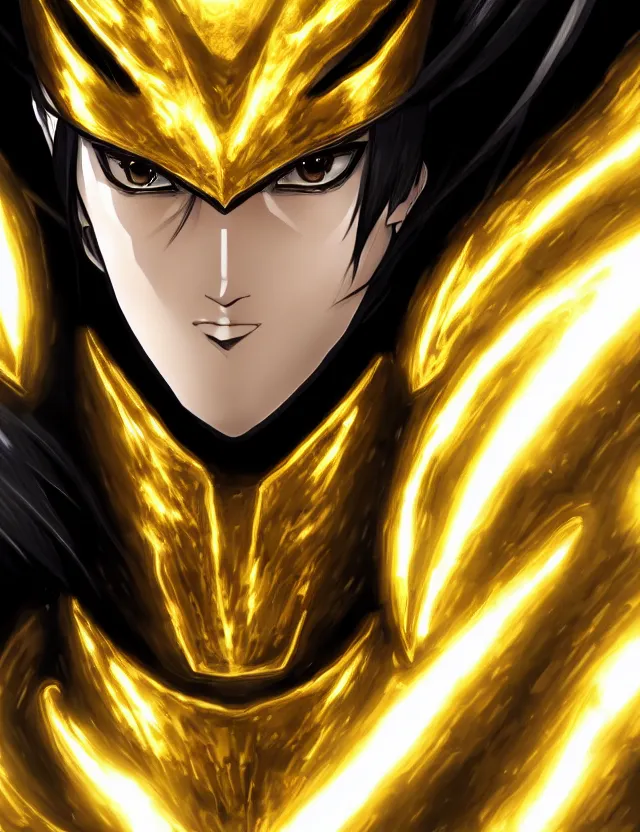 Prompt: a detailed manga portrait of a black haired man with hazel eyes in gleaming golden armour with arcane energy symbols in air around him, trending on artstation, digital art, 4 k resolution, detailed, high quality, sharp focus, hq artwork, coherent, insane detail, character portrait