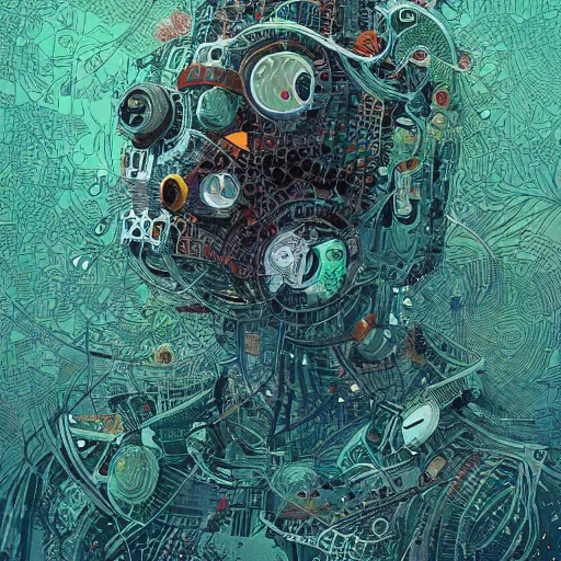 Prompt: overgrown robot, android jones, victo ngai