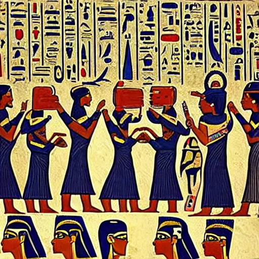 Prompt: egyptian painting of people taking a group selfie