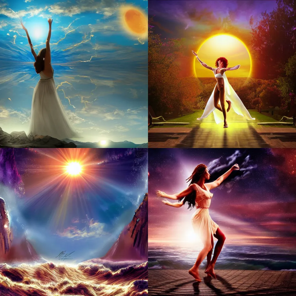 Prompt: a sun has a body, is dancing with music! matte painting