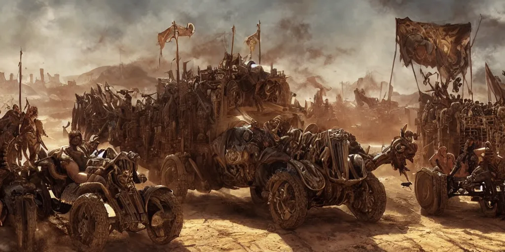 Prompt: Mad Max reimagined in the baroque era, catapult, heroes and villains, horses, orchestral band on a wagon, hearthstone art style, epic fantasy style art by Craig Mullins, fantasy epic digital art, epic fantasy card game art by Greg Rutkowski